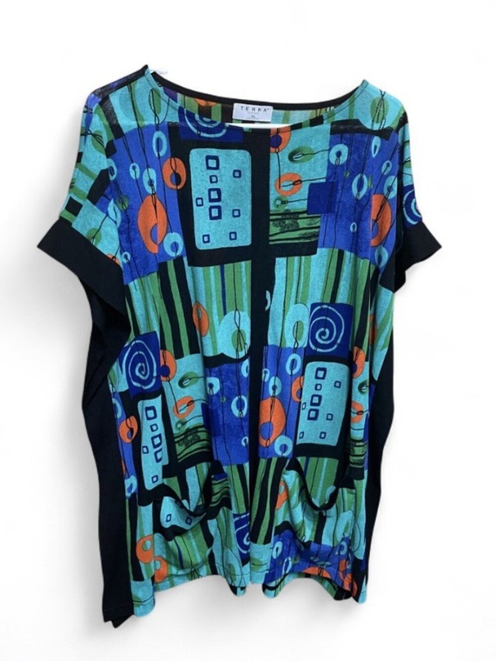 Terra Lagenlook Artsy Blouse Blue Mid-Century Design Flowy Pockets Funky Top, XL